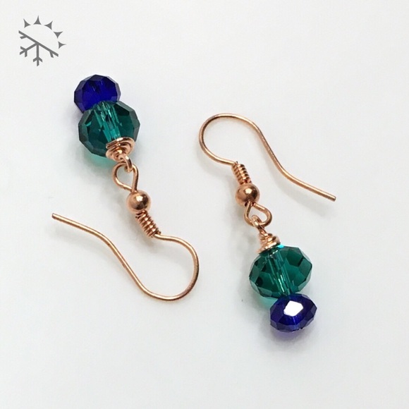 Teal & Blue Crystal & Copper Small Earrings - Picture 2 of 6
